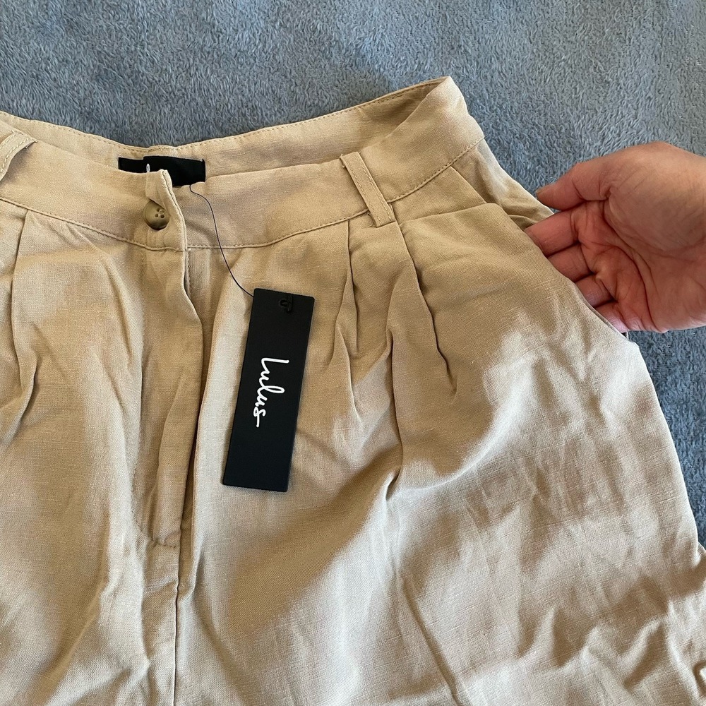 Lulus Tan Linen Blend Wide Leg Pleated Trousers High Waisted Pants Small NWT - Picture 6 of 11